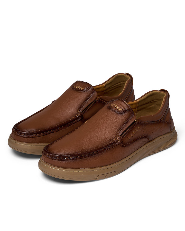 Men's Madison brown leather slip-on loafers. Comfortable casual and dress shoes for easy wear.