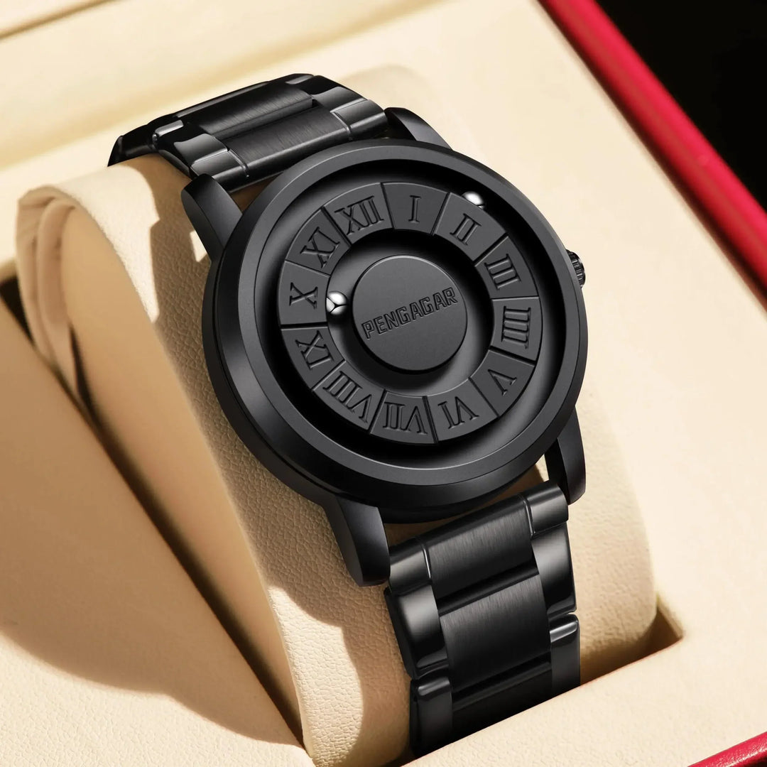 Modern men's minimalist watch with a stainless steel strap & innovative magnetic sphere movement.