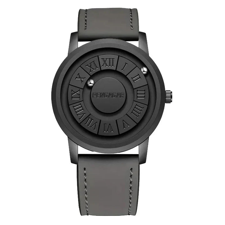 Men's unique magnetic watch, an accessory with a minimalist face and optional Roman numerals.
