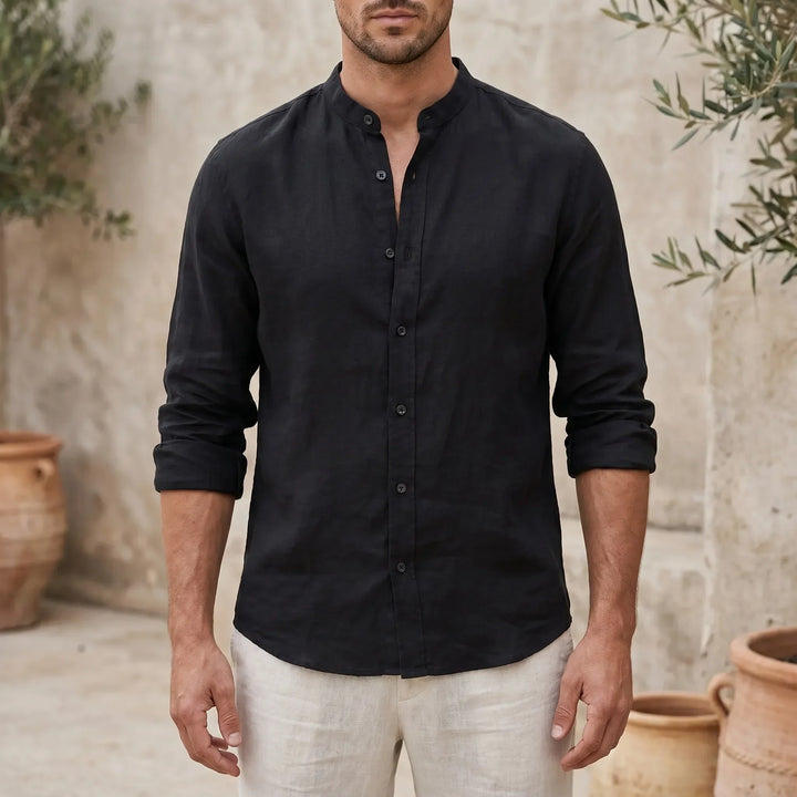 Men's mandarin collar casual shirt, perfect for warm weather comfort and style.