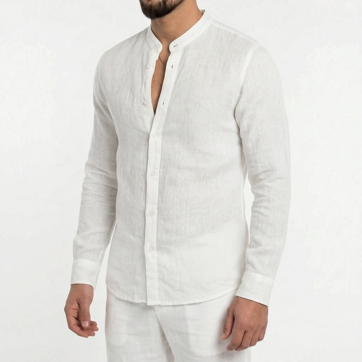Relaxed fit men's top, a lightweight button-down with a mandarin collar for warm days.