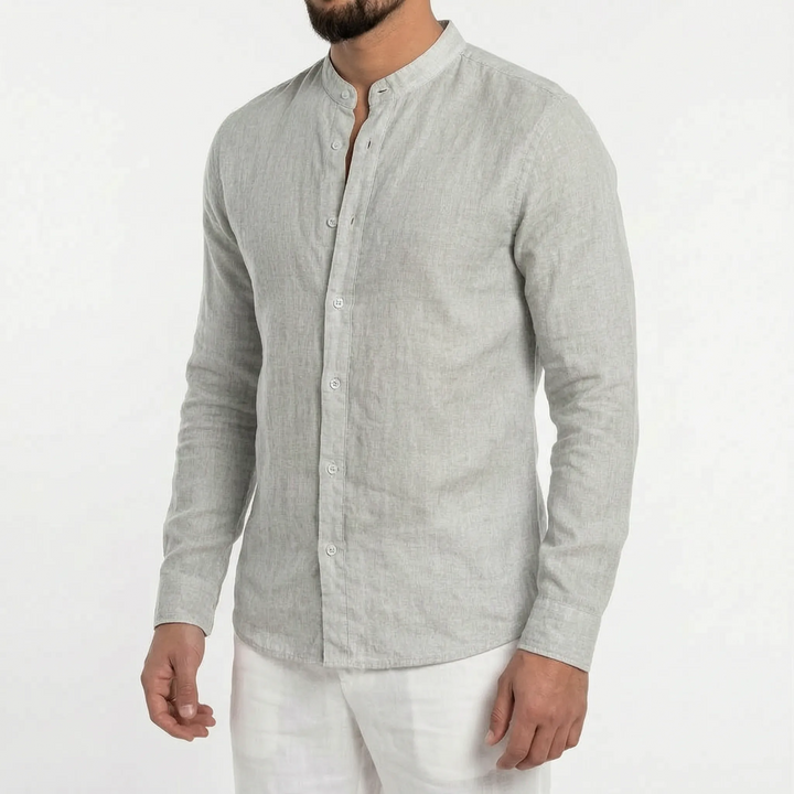 Stylish men's casual shirt featuring a mandarin collar, offering warm weather comfort.