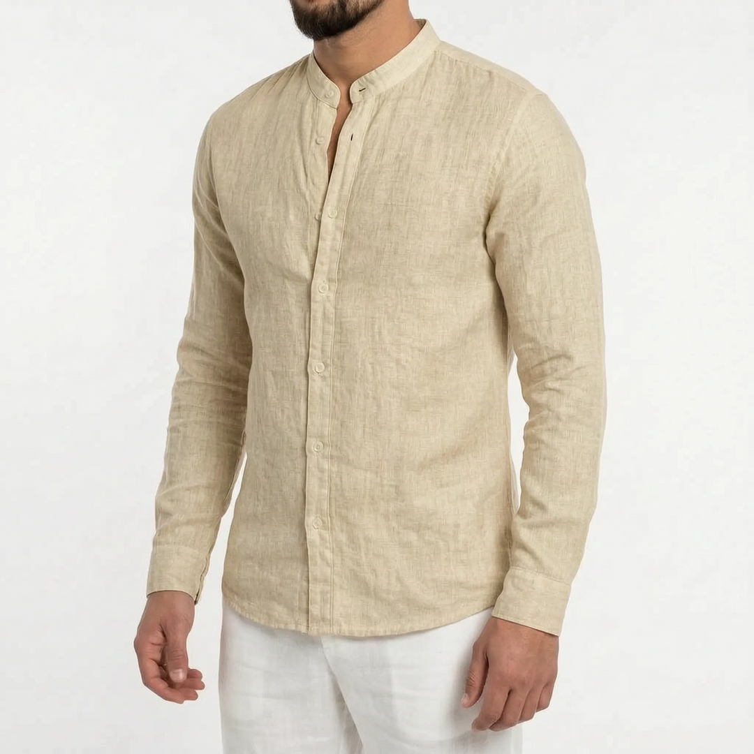 Men's vacation shirt, lightweight and casual with a fashionable mandarin collar.