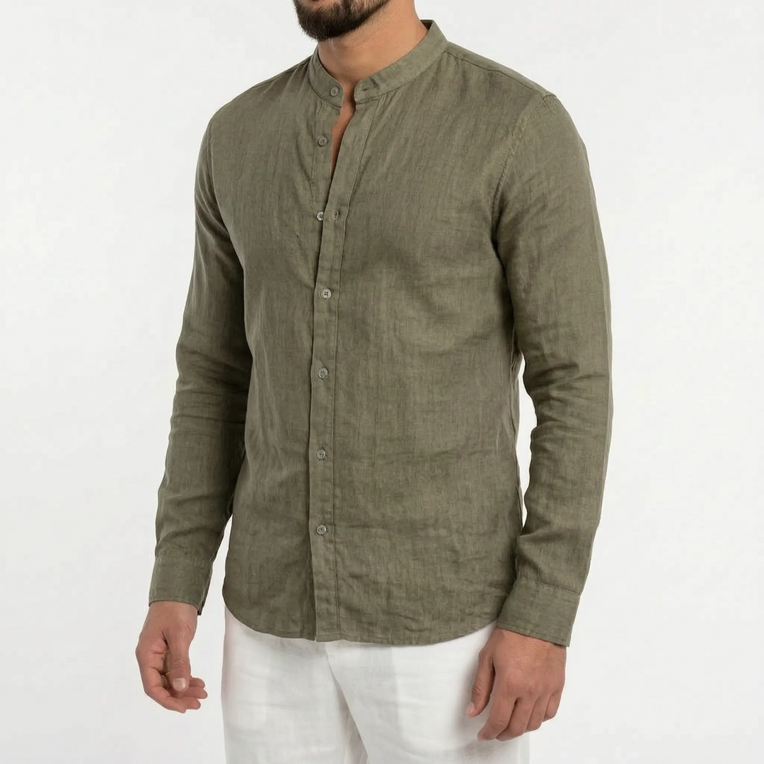 Relaxed fit men's button-down shirt with a mandarin collar, ideal for casual wear.