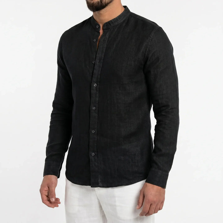 Trendy men's mandarin collar shirt, a comfortable and stylish top for summer fashion.