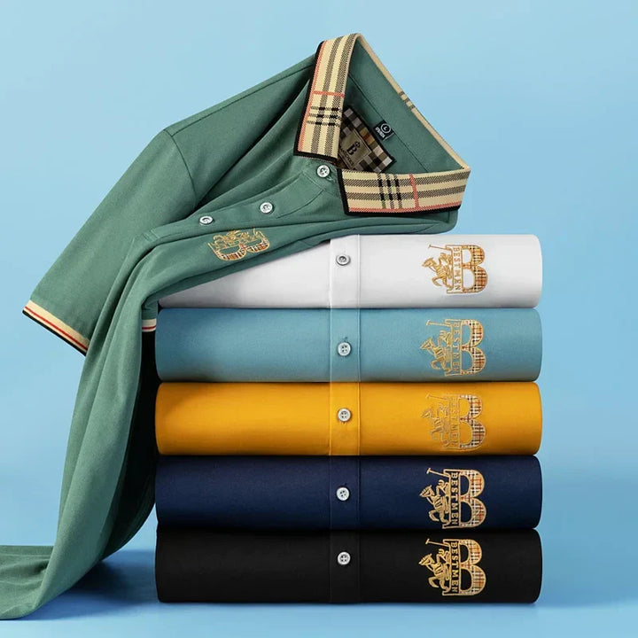 Blue men's short-sleeve polo shirt. Collared Matthew top offers everyday comfort, casual style & spring apparel.