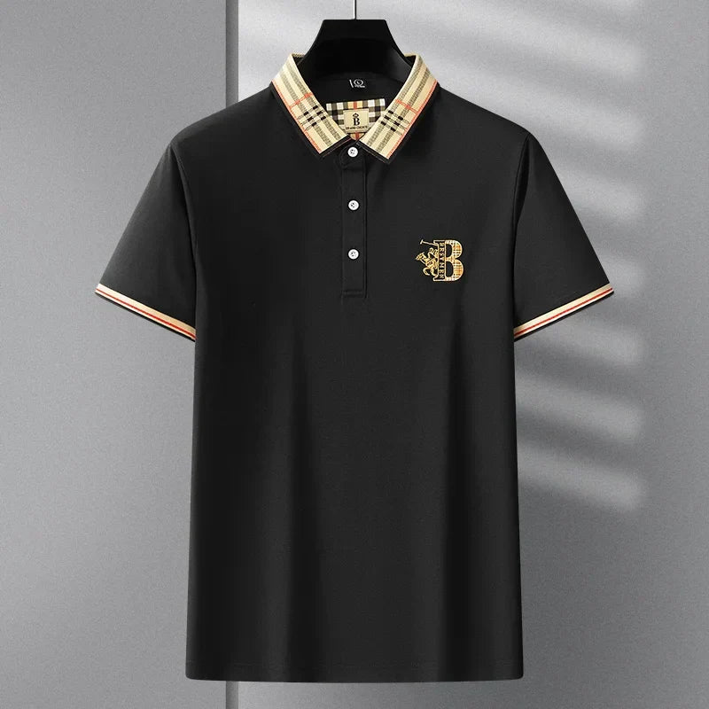 Stylish button detail on collared neck of Men's Matthew short-sleeve polo shirt for everyday comfort.