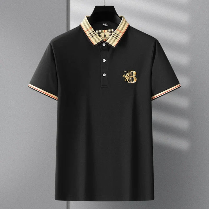 Stylish button detail on collared neck of Men's Matthew short-sleeve polo shirt for everyday comfort.