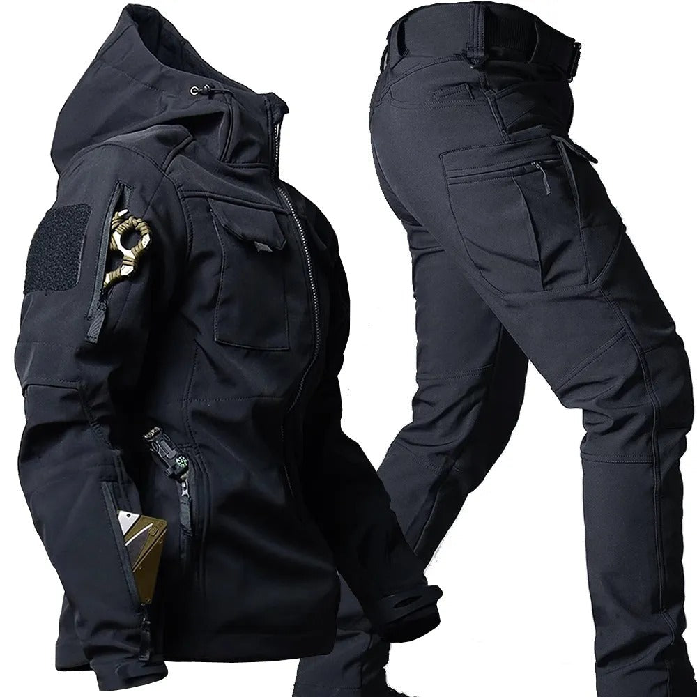 Max Men's all-weather outdoor sportswear set. Durable hoodie & pants for hiking, camping, & active adventures.