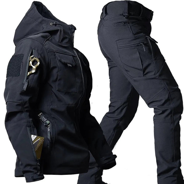 Max Men's all-weather outdoor sportswear set. Durable hoodie & pants for hiking, camping, & active adventures.