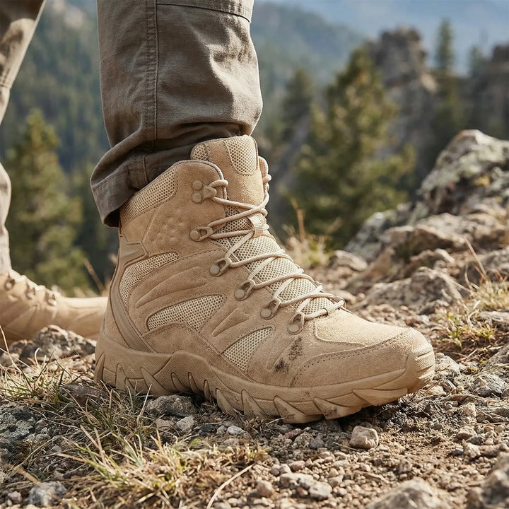 Men's mid-cut tactical hiking boots, durable lace-up design for outdoor trails & adventure.
