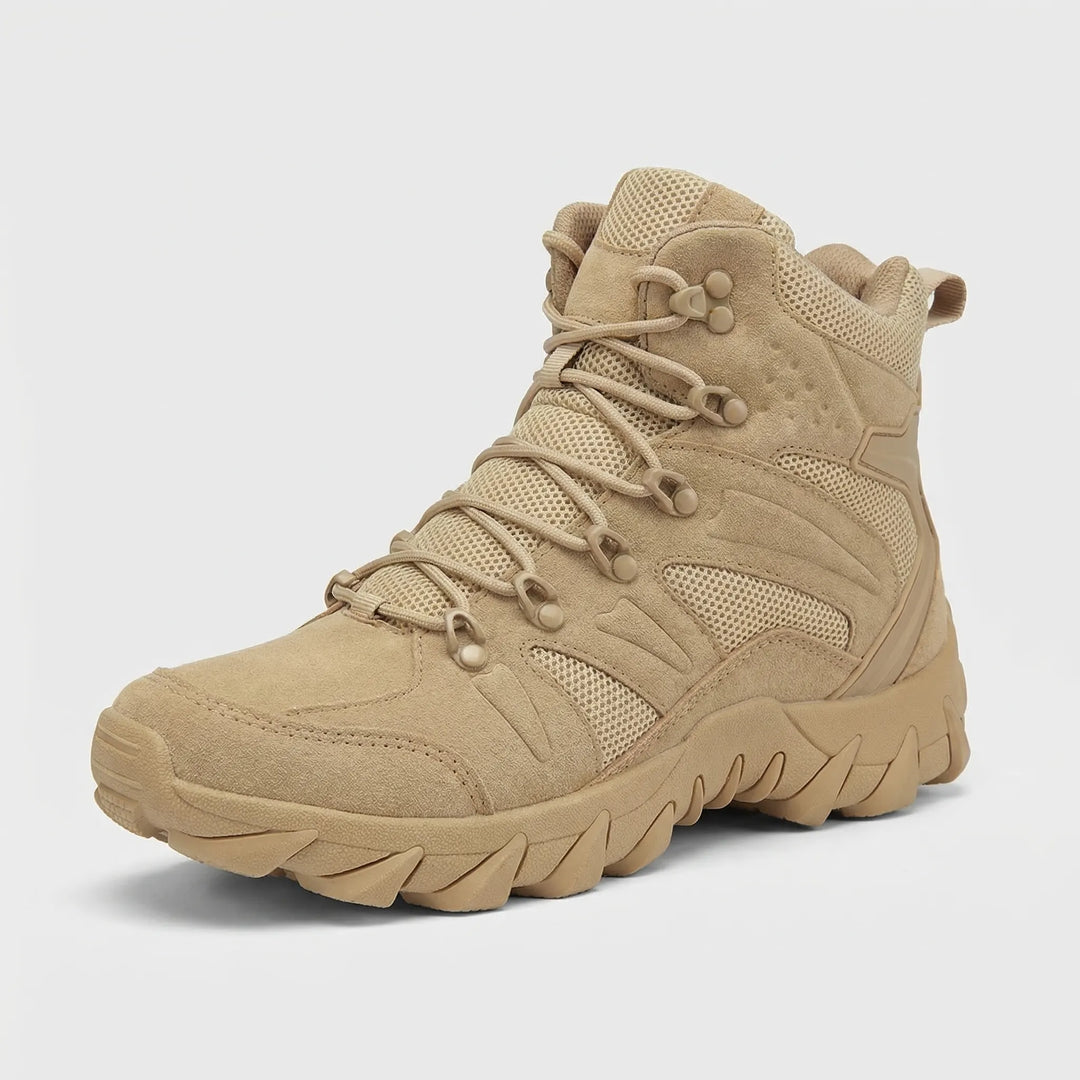 Durable men's tactical work boots, mid-cut design with strong laces for rugged outdoor adventures.