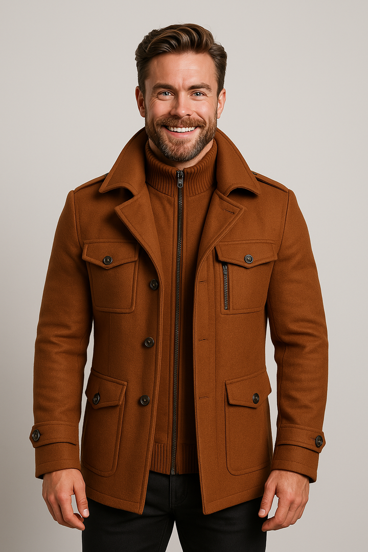All-season men's military jacket, a stylish structured outerwear piece for versatile layering & men's fashion.