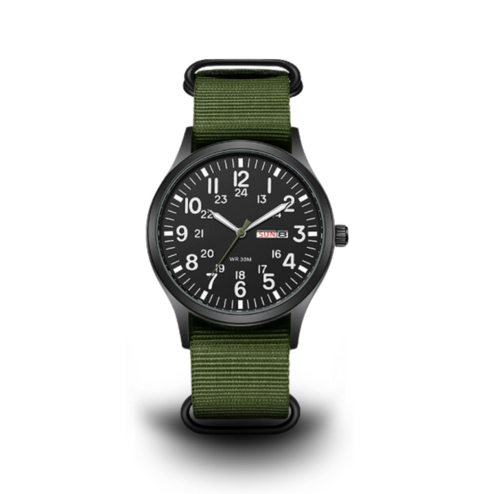 Men's military-style field watch with bright luminous dial, ideal for outdoor adventures and tactical use.