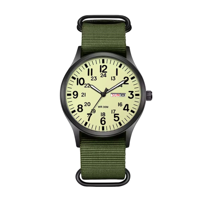 Durable men's outdoor field watch, water resistant with luminous dial, perfect adventure gear for men.