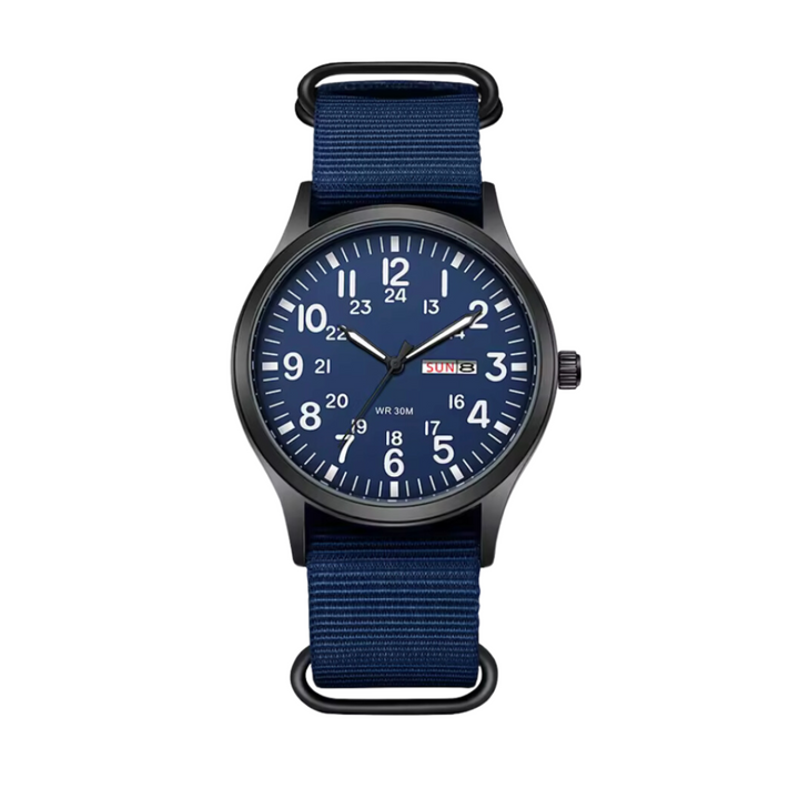 Stylish men's quartz field watch, military style, featuring a highly visible luminous dial and rugged design.