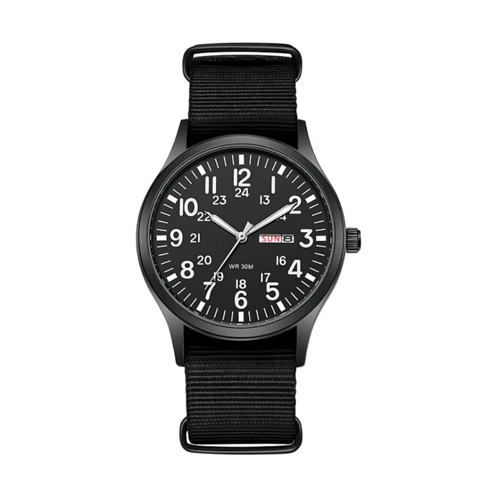 Rugged men's field watch with luminous dial, tactical military style, and water resistant for active men's adventures.