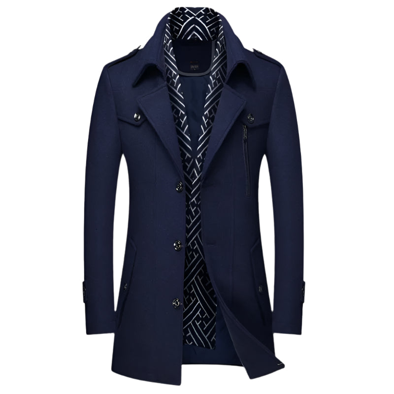 Men's military-style longline overcoat, double-breasted & tailored for formal or smart casual occasions.