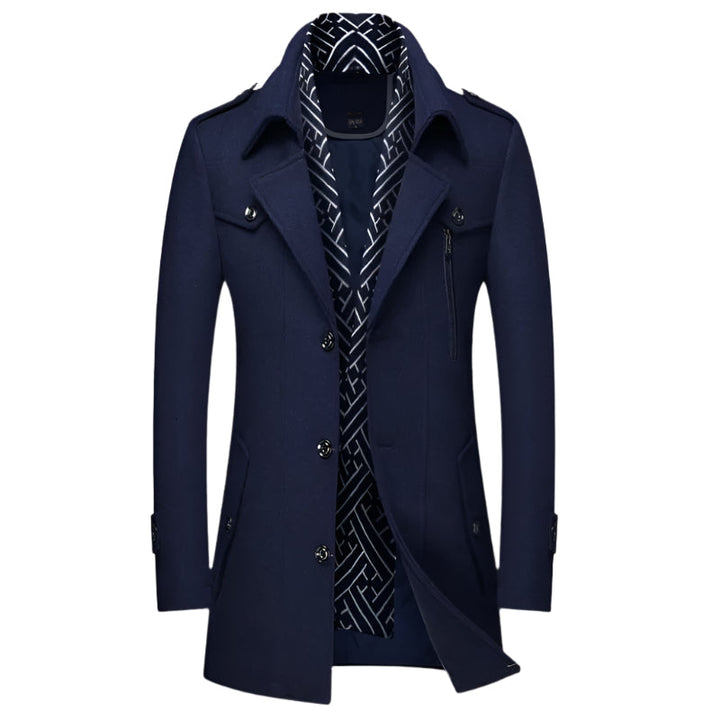 Men's military-style longline overcoat, double-breasted & tailored for formal or smart casual occasions.