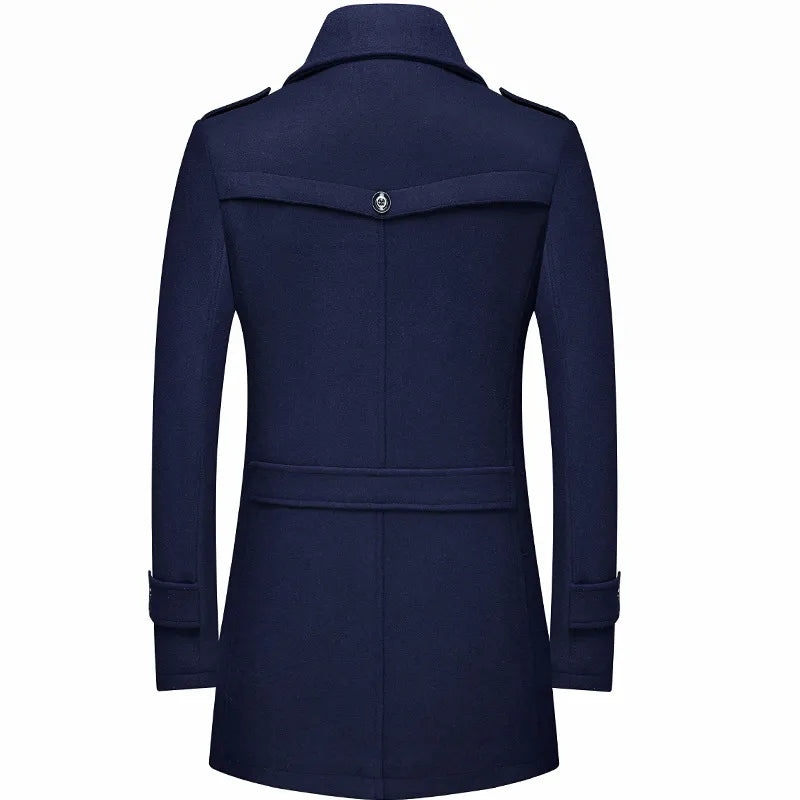 Warm men's longline military-style winter coat, tailored double-breasted outerwear for fall fashion.