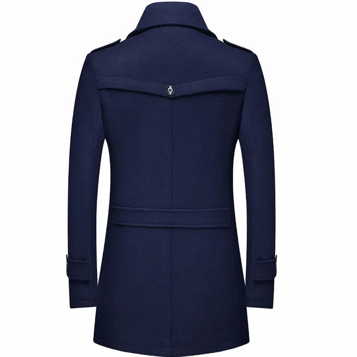 Warm men's longline military-style winter coat, tailored double-breasted outerwear for fall fashion.