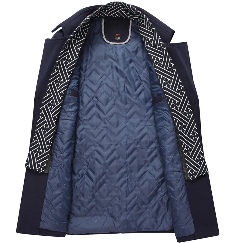 Tailored men's double-breasted longline overcoat with military-style details, perfect for smart casual wear.