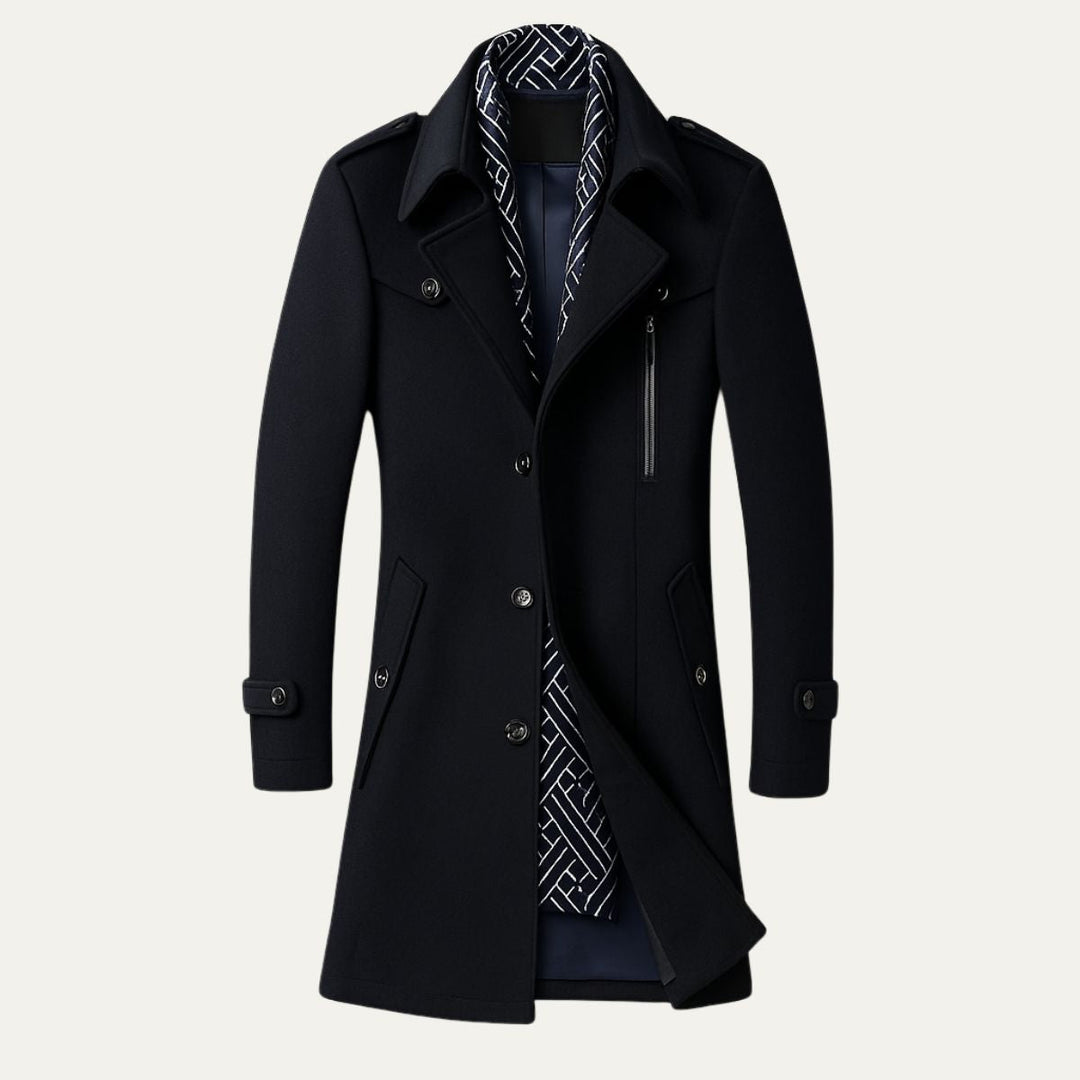 Versatile men's longline military overcoat, double-breasted & tailored, suitable for formal or casual outfits.