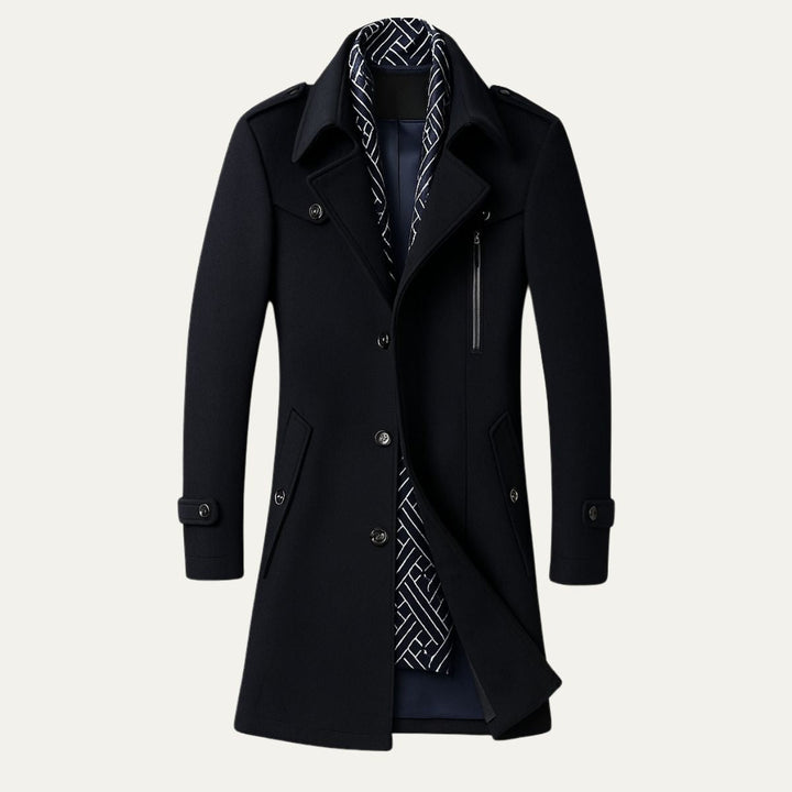 Versatile men's longline military overcoat, double-breasted & tailored, suitable for formal or casual outfits.