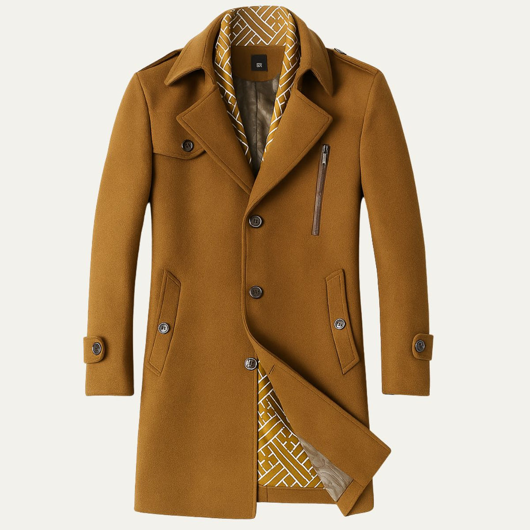 Elegant men's military-style longline overcoat, tailored double-breasted design for winter and fall fashion.