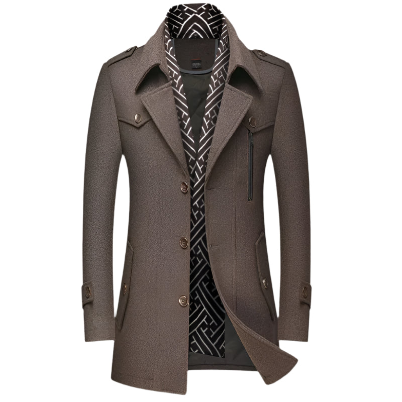Men's military-style trench coat, longline & double-breasted, a tailored overcoat for sophisticated outerwear.