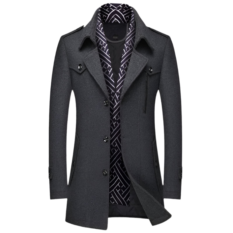 Formal men's double-breasted longline overcoat, military-style tailored design, ideal winter or fall fashion.