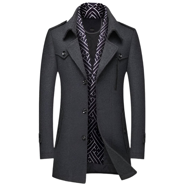 Formal men's double-breasted longline overcoat, military-style tailored design, ideal winter or fall fashion.