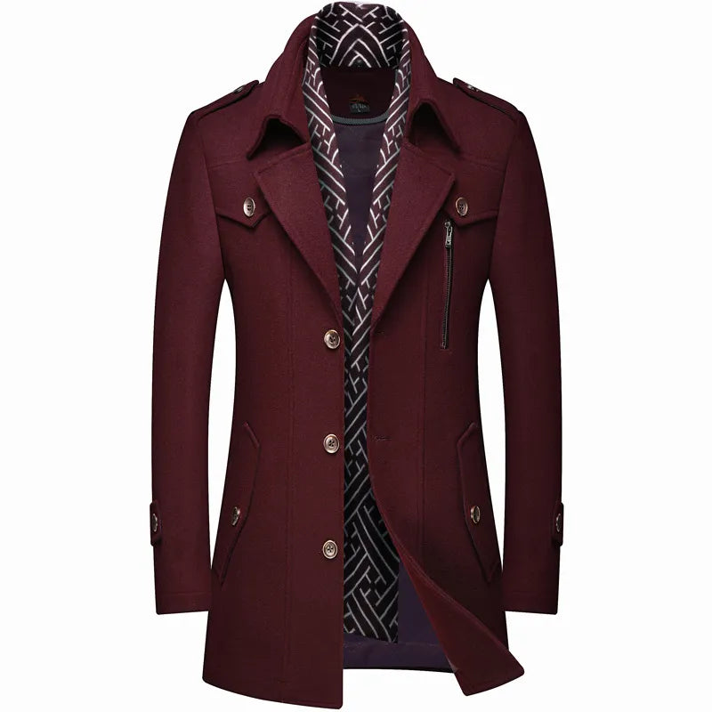 Sleek men's longline overcoat, military-style and double-breasted, a tailored coat for smart casual outerwear.