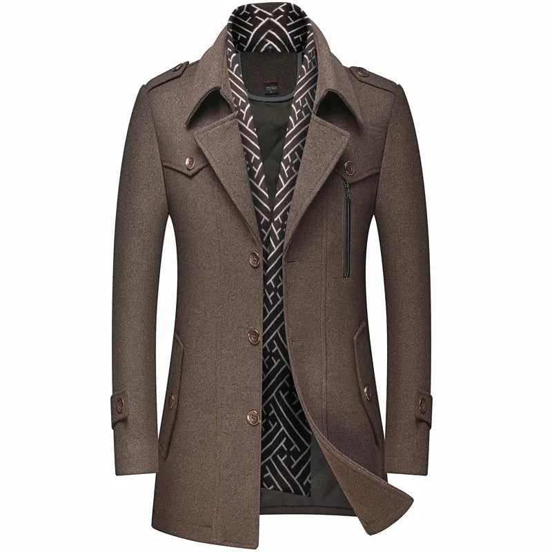 Men's military-style longline overcoat, a versatile double-breasted tailored coat for any formal or casual event.