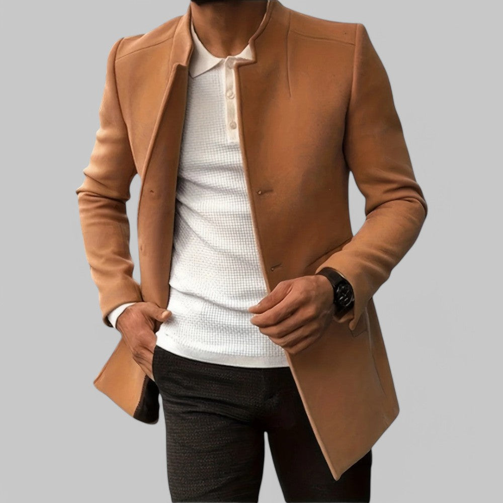 Men's minimalist button winter coat. Tailored long sleeve outerwear for smart casual and business fashion.