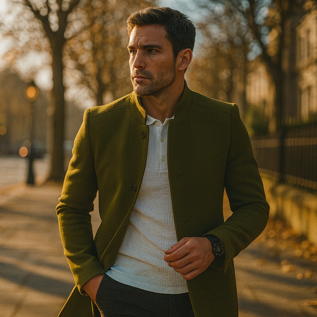 Stylish men's minimalist winter coat for smart casual wear. Tailored long sleeve outerwear, essential for business.