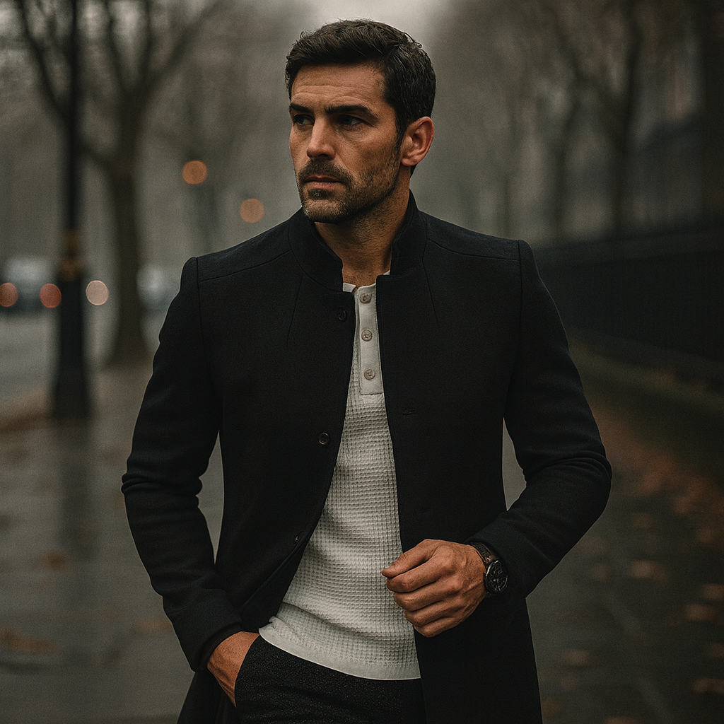Versatile men's minimalist button winter coat. Ideal smart casual & business fashion outerwear. Tailored long sleeve.
