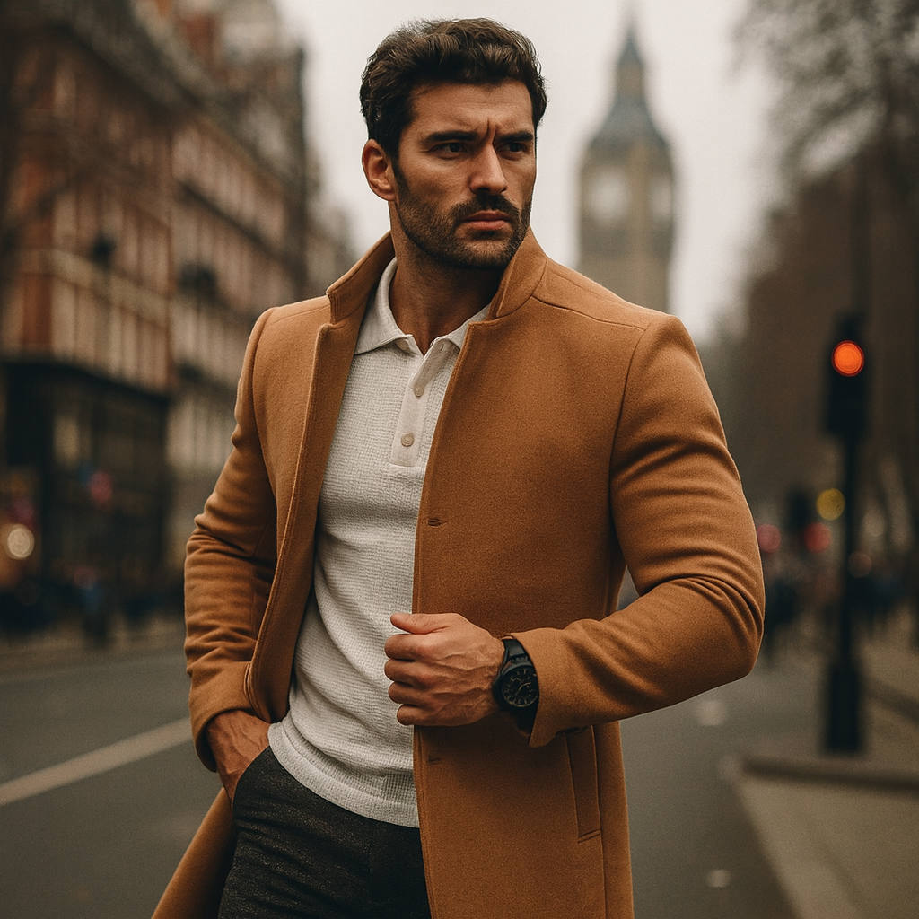 Close-up of men's minimalist button winter coat. Tailored design for smart casual and business fashion.