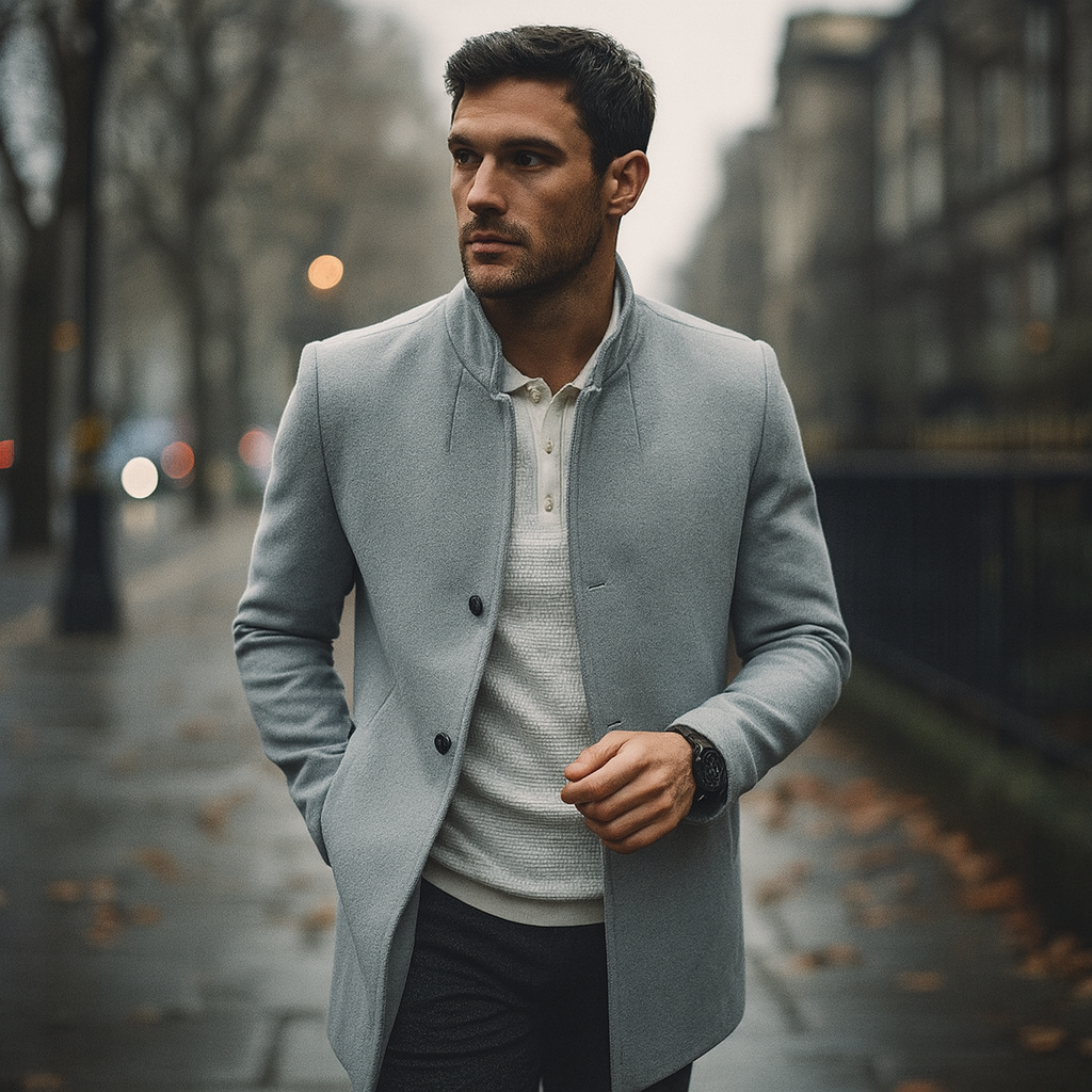 Man in a tailored minimalist winter coat, buttoned. Smart casual outerwear for men's fashion and business.