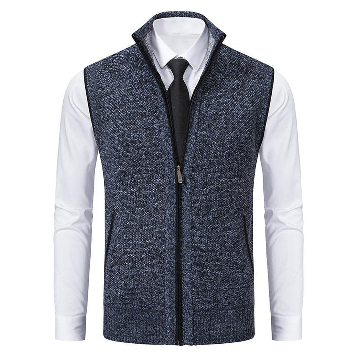 Sophisticated men's zip-front mock neck sweater vest. Ideal for smart casual office wear & winter layering.