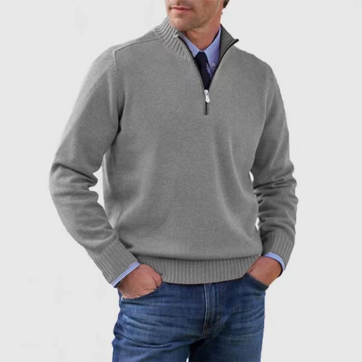 Men's mock neck half zip sweater with ribbed trim, perfect for stylish layering in autumn & winter fashion.