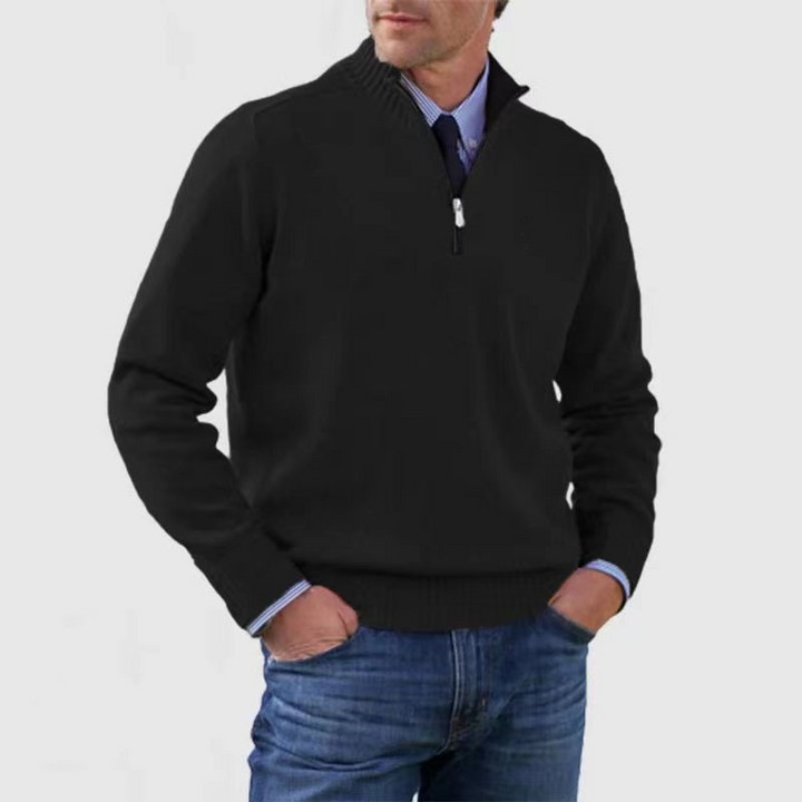 Ribbed knit men's mock neck half zip sweater in a classic color, ideal for business casual or everyday style.