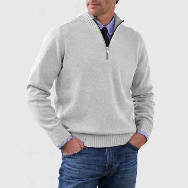 Comfortable men's long sleeve half zip pullover sweater, mock neck design for casual or smart-casual autumn outfits.