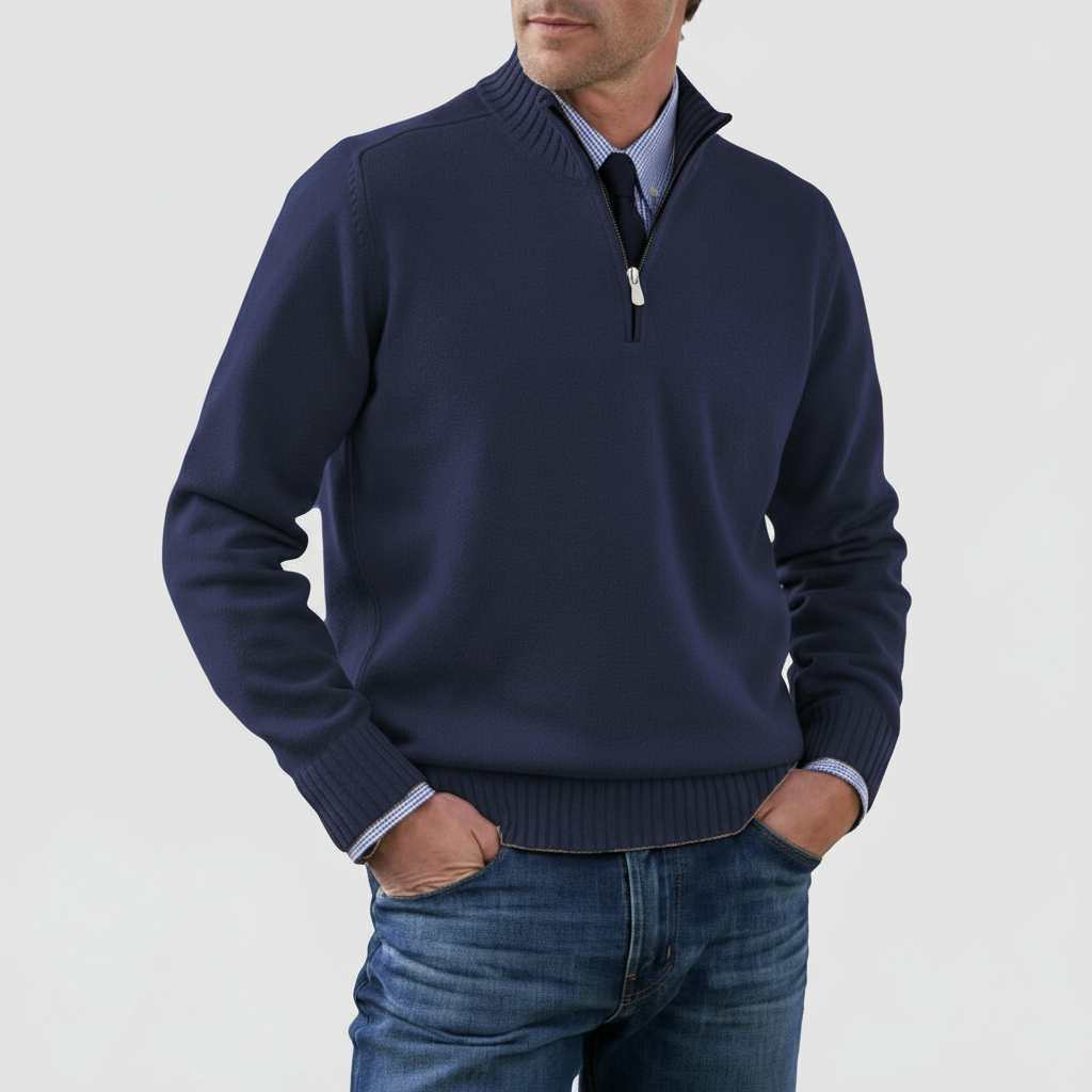 Stylish men's mock neck half zip sweater, featuring ribbed cuffs & hem, versatile for winter layering & comfort.