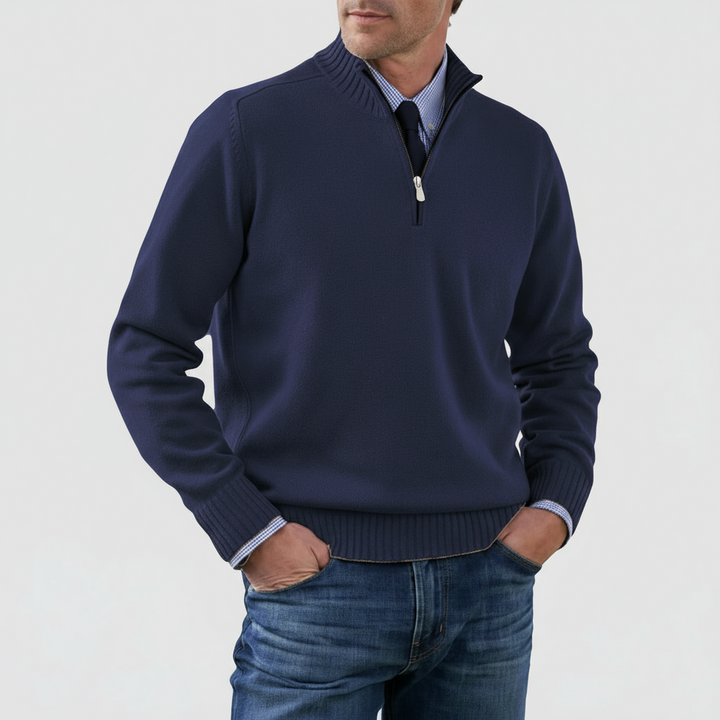 Stylish men's mock neck half zip sweater, featuring ribbed cuffs & hem, versatile for winter layering & comfort.