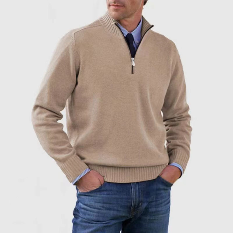 Modern men's ribbed mock neck half-zip sweater for elevated casual wear & effortless layering in cold weather.
