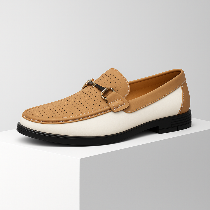 Front view of men's perforated bit loafers, emphasizing breathable comfort for spring/summer.