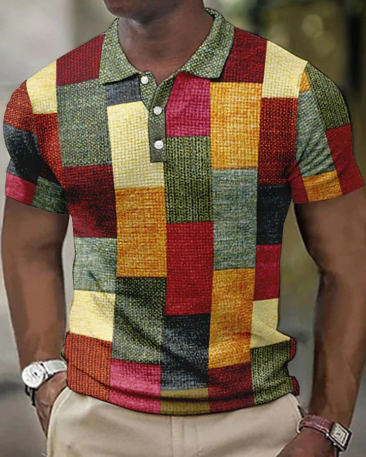 Breathable men's short sleeve polo with a stylish modern check pattern and relaxed fit for versatile wear.