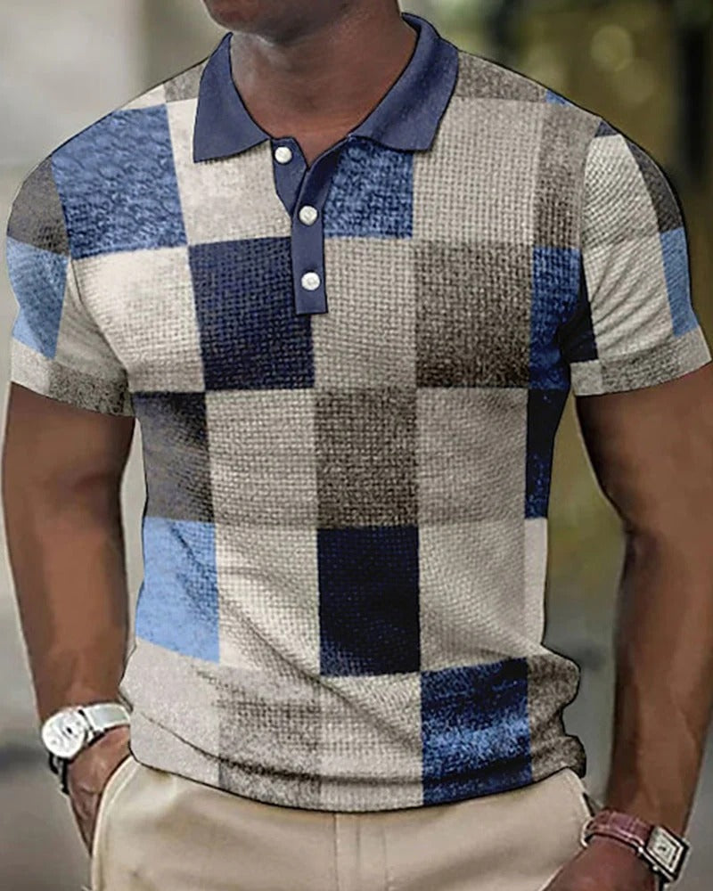 Caspar men's polo shirt featuring a contemporary geometric check print, ideal for an effortless casual look.