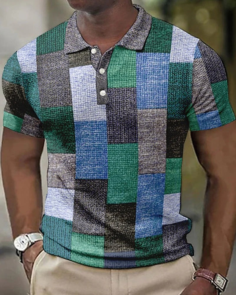 Stylish men's modern fit check pattern polo, a breathable short sleeve summer top for everyday fashion.